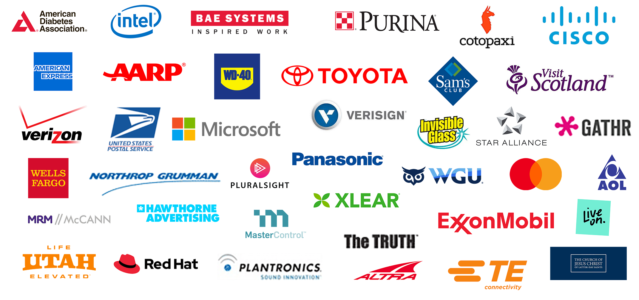 Client logos including Microsoft, Toyota, Intel, Cisco, Verizon, BAE Systems, Northrop Grumman, ExxonMobil and others